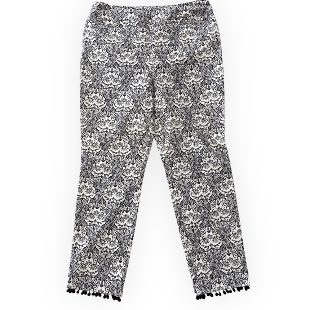 Chico's So-Slimming Black and White Patterned Ankle Pants with Pom Pom Details - Picture 2 of 9